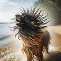 Dog shakes off the water after a play in the water