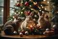 A playful scene of animals decorating a Christmas tree, with rabbit stringing lights and birds placing ornaments. Royalty Free Stock Photo