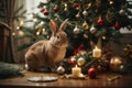 A playful scene of animals decorating a Christmas tree, with rabbit stringing lights and birds placing ornaments.