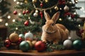 A playful scene of animals decorating a Christmas tree, with rabbit stringing lights and birds placing ornaments.