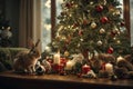 A playful scene of animals decorating a Christmas tree, with rabbit stringing lights and birds placing ornaments.