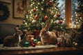 A playful scene of animals decorating a Christmas tree, with rabbit stringing lights and birds placing ornaments. Royalty Free Stock Photo