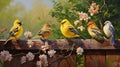 A playful scene as finch birds gather on a backyard fence, engaged in lively chatter and socializing in the warm glow of the