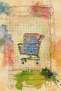 Playful scene featuring red calculator being pushed colorful shopping trolley amidst dynamic backdrop splattered paint.