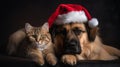 Cat and dog with christmas hat