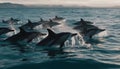 A playful school of dolphins jumping and splashing in motion