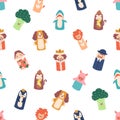 Playful Seamless Pattern with Colorful Finger Toys. Dog, Lion, Broccoli, King, Girl, Ape, Piglet or Penguin, Vector Royalty Free Stock Photo