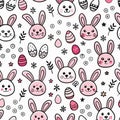 Playful seamless pattern featuring bunny faces, eggs, and floral elements on a white backdrop Royalty Free Stock Photo