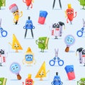 Playful Seamless Pattern Featuring A Variety Of Funny School Items. Cartoon Compass, Pencil, Glue Bottle And Ruler