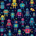 Futuristic Robots and Spaceships in Vivid Colors Seamless Pattern