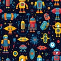 Futuristic Robots and Spaceships in Vivid Colors Seamless Pattern