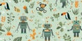 Playful seamless pattern with robots, toucans, monkey, and frog in a jungle setting Whimsical vector design for childrens textiles Royalty Free Stock Photo