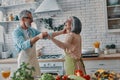 Playful senior couple in aprons Royalty Free Stock Photo