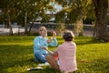 Playful senior couple blowing soap bubbles while rest in park Royalty Free Stock Photo