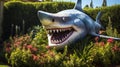 Playful Shark Statue Adds Whimsy To Garden Landscape