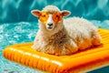 Playful sheep relaxing on an inflatable float with sunglasses in a pool setting Royalty Free Stock Photo