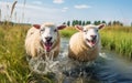 Playful sheep splashing around in a refreshing puddle