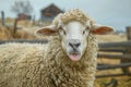 Playful sheep sticking out tongue at a farm
