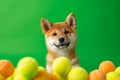 Playful Shiba Inu Puppy in Vibrant Studio Setting.