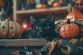 A playful shot of a mischievous black cat surrounded by Halloween decorations Royalty Free Stock Photo