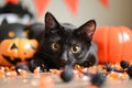 A playful shot of a mischievous black cat surrounded by Halloween decorations Royalty Free Stock Photo