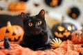 A playful shot of a mischievous black cat surrounded by Halloween decorations Royalty Free Stock Photo