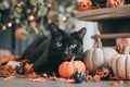 A playful shot of a mischievous black cat surrounded by Halloween decorations Royalty Free Stock Photo