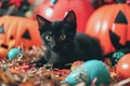 A playful shot of a mischievous black cat surrounded by Halloween decorations Royalty Free Stock Photo