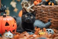 A playful shot of a mischievous black cat surrounded by Halloween decorations Royalty Free Stock Photo