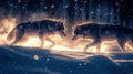 Playful Silhouettes of Glowing Wolves in Snow Royalty Free Stock Photo