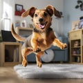 Playful Small Dog Jumping In Natural Lighting Room