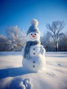 Generative AI. Playful snowman with carrot nose and button eyes in a serene winter landscape, evoking whimsical winter delight