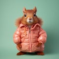 a playful squirrel dressed in a puffer jacket