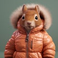 a playful squirrel dressed in a puffer jacket