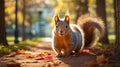 Adorable Autumn Squirrel on Path, Golden Sunlight Royalty Free Stock Photo