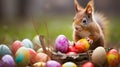 Curious Squirrel Surrounded by Colorful Easter Eggs in Spring Scene (Generative AI). Royalty Free Stock Photo