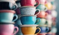 A playful stack of brightly colored teacups makes a cheerful and vibrant decorative display. Royalty Free Stock Photo
