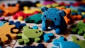 A playful still life depicting a homemade multi colored jigsaw puzzle generated by AI