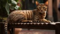 Playful striped kitten staring at camera with yellow eyes outdoors generated by AI