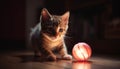 A playful striped kitten with a yellow ball indoors playing generated by AI