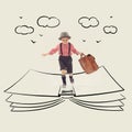 Playful, stylish boy stepping on drawn open book. Back to school. Study time