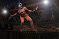 Playful stylish girl in orange overalls Royalty Free Stock Photo