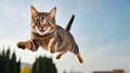 a playful tabby cat defies gravity, caught mid-air while jumping.