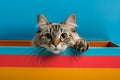 Playful Tabby Cat Peeking from Colorful Cardboard Box on Blue Background Cute Feline Portrait