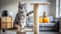 Playful tabby cat perched on a cat tree, domestic feline interacting with scratching post in a cozy home environment. Generative Royalty Free Stock Photo