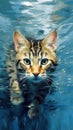 A Playful Tabby Cat Swimming in the Water .