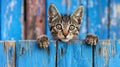 Playful tabby kitten peeking curiously over blue wooden background with raised paws