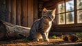 A Gray Tabby Kitten Perched on a Log in Rustic Cabin Setting Royalty Free Stock Photo