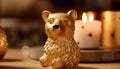 A playful terrier puppy sits by a candle on a wooden table generated by AI