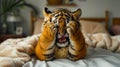 Playful Tiger Cub Enjoying Home Comforts. Generative ai Royalty Free Stock Photo